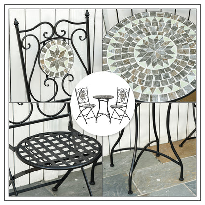 Outsunny 3 Pcs Mosaic Tile Garden Bistro Set Outdoor Seating w/ Table 2 Folding Chairs Set Metal Frame Elegant Scrolling Indoor Patio Balcony, Grey