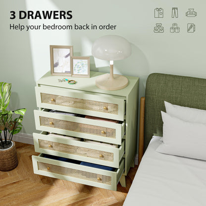 HOMCOM Rattan Chest of Drawers, 4 Drawer Storage Unit with Tapered Legs, Bedroom Storage Organiser Dresser for Bedside, Entryway, Hallway, Living Room, Light Green