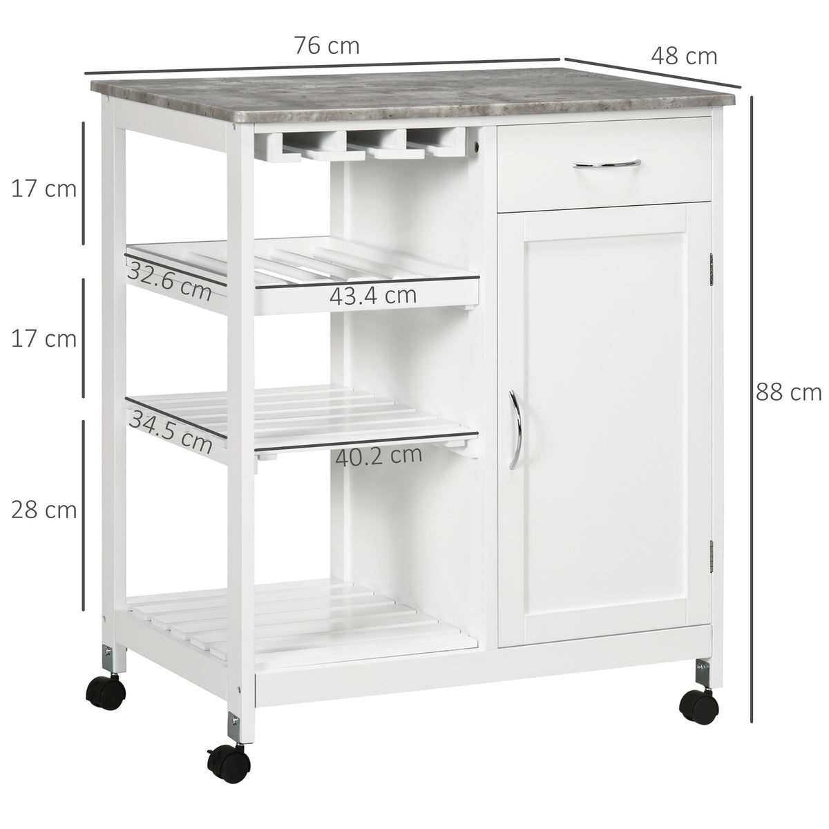 HOMCOM Kitchen Trolley with Wine Rack, Drawer, Open Shelf and Storage Cabinet for Dining Room, White