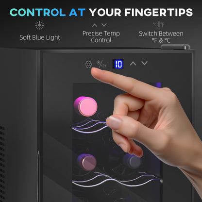 HOMCOM Mini Table Top Wine Fridge, 8 Bottle, 17L, 8-18℃, 26.5cm Quiet Under Counter Wine Cooler Fridge with Glass Door, LED Light, Digital Touch Screen, Temperature Control