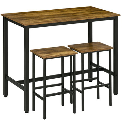 HOMCOM 120x60cm Bar Table Set, Breakfast Table with 2 Stools, 3-Piece Counter Height Dining Table & Chairs for Kitchen, Living Room, Rustic Brown