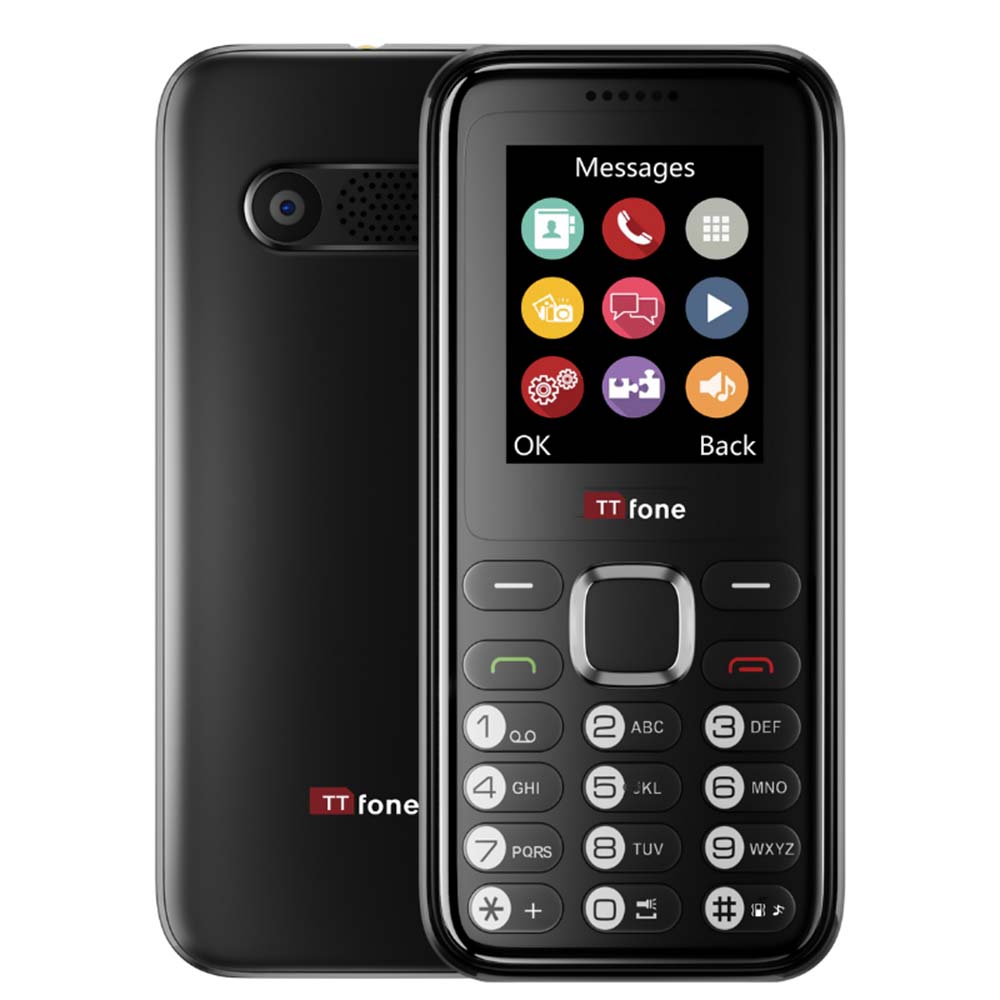 TTfone TT150 Unlocked Basic Mobile Phone UK Sim Free, Long Battery Life, Dual Sim with camera and games, easy to use, durable and light weight pay as you go - Black with Mains Charger and EE Sim Card