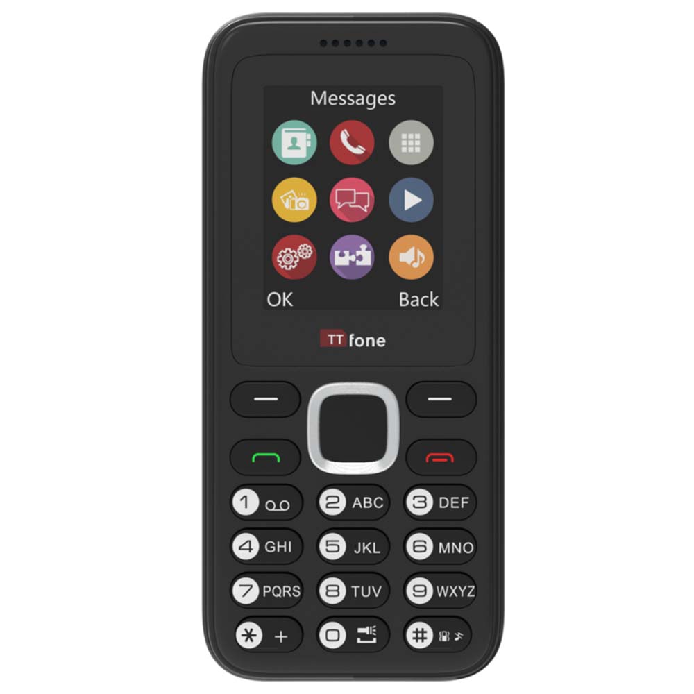 TTfone TT150 Unlocked Basic Mobile Phone UK Sim Free, Long Battery Life, Dual Sim with camera and games, easy to use, durable and light weight pay as you go - Black with Mains Charger and EE Sim Card