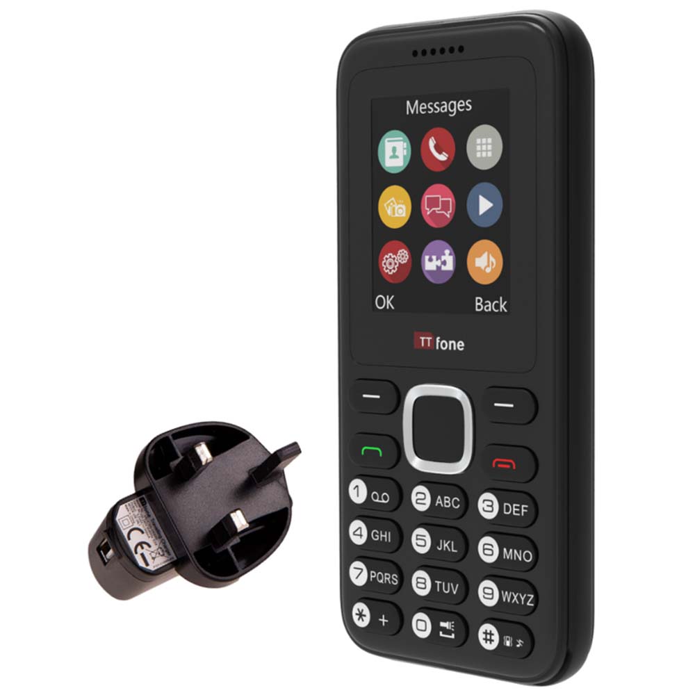 TTfone TT150 Unlocked Basic Mobile Phone UK Sim Free, Long Battery Life, Dual Sim with camera and games, easy to use, durable and light weight pay as you go - Black with Mains Charger and EE Sim Card
