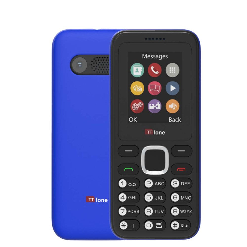 TTfone TT150 Unlocked Basic Mobile Phone UK Sim Free, Long Battery Life, Dual Sim with camera and games, easy to use, durable and light weight pay as you go - Blue with Mains Charger
