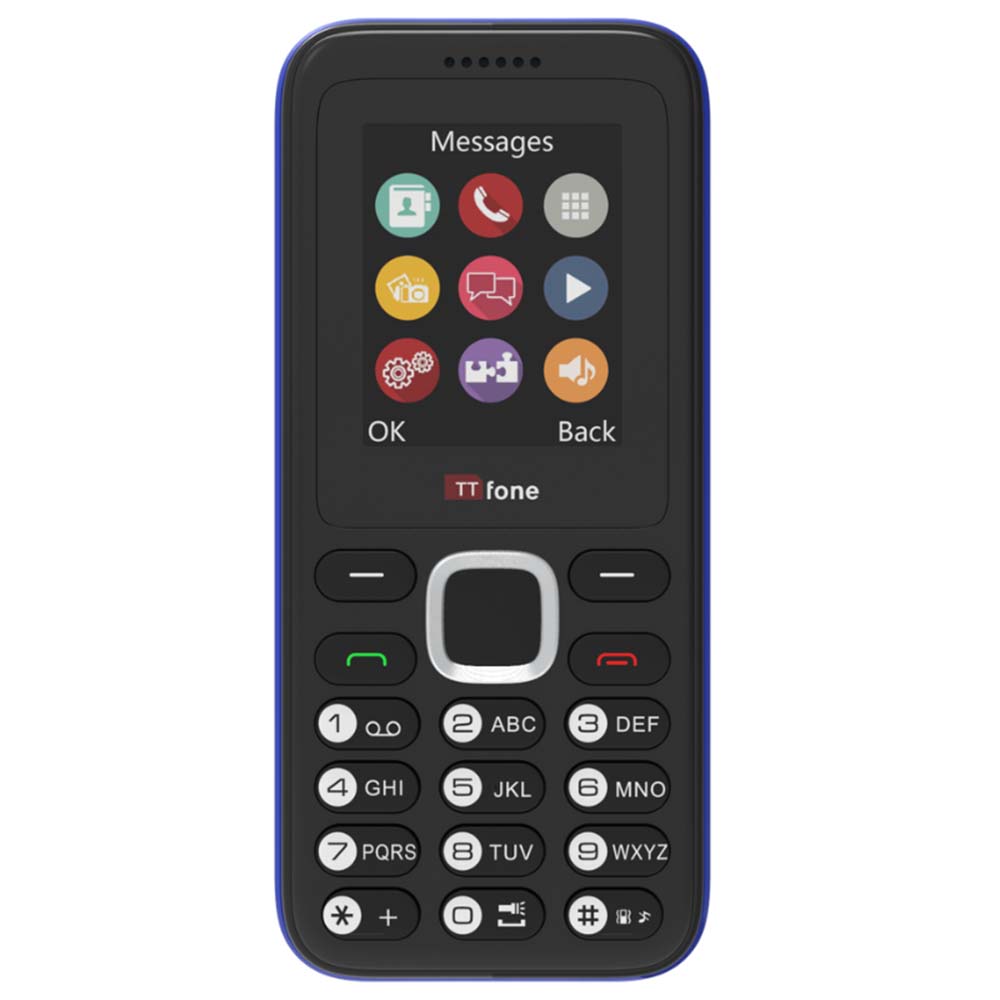TTfone TT150 Unlocked Basic Mobile Phone UK Sim Free, Long Battery Life, Dual Sim with camera and games, easy to use, durable and light weight pay as you go - Blue with Mains Charger and O2 Sim Card