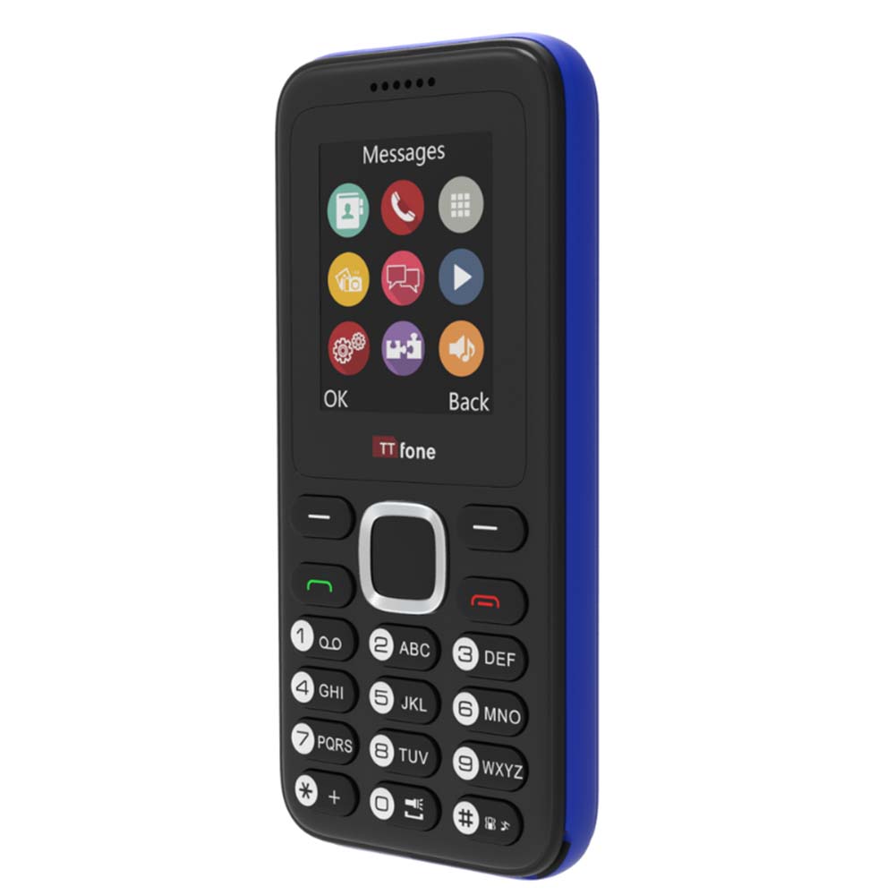TTfone TT150 Unlocked Basic Mobile Phone UK Sim Free, Long Battery Life, Dual Sim with camera and games, easy to use, durable and light weight pay as you go - Blue with Mains Charger