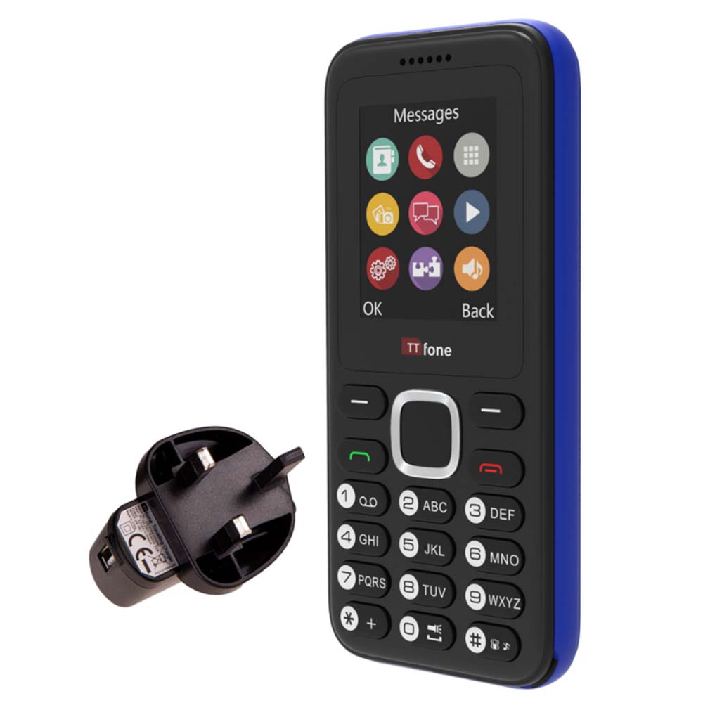 TTfone TT150 Unlocked Basic Mobile Phone UK Sim Free, Long Battery Life, Dual Sim with camera and games, easy to use, durable and light weight pay as you go - Blue with Mains Charger and O2 Sim Card