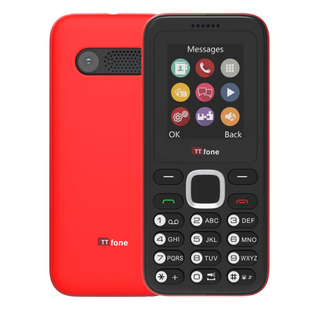 TTfone TT150 Unlocked Basic Mobile Phone UK Sim Free, Long Battery Life, Dual Sim with camera and games, easy to use, durable and light weight pay as you go - Red with Mains Charger
