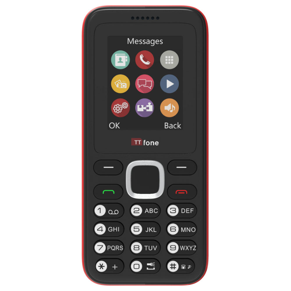 TTfone TT150 Unlocked Basic Mobile Phone UK Sim Free, Long Battery Life, Dual Sim with camera and games, easy to use, durable and light weight pay as you go - Red with Mains Charger