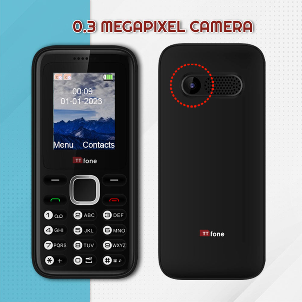 TTfone TT150 Unlocked Basic Mobile Phone UK Sim Free, Long Battery Life, Dual Sim with camera and games, easy to use, durable and light weight pay as you go - Black with Mains Charger and GiffGaff Sim Card