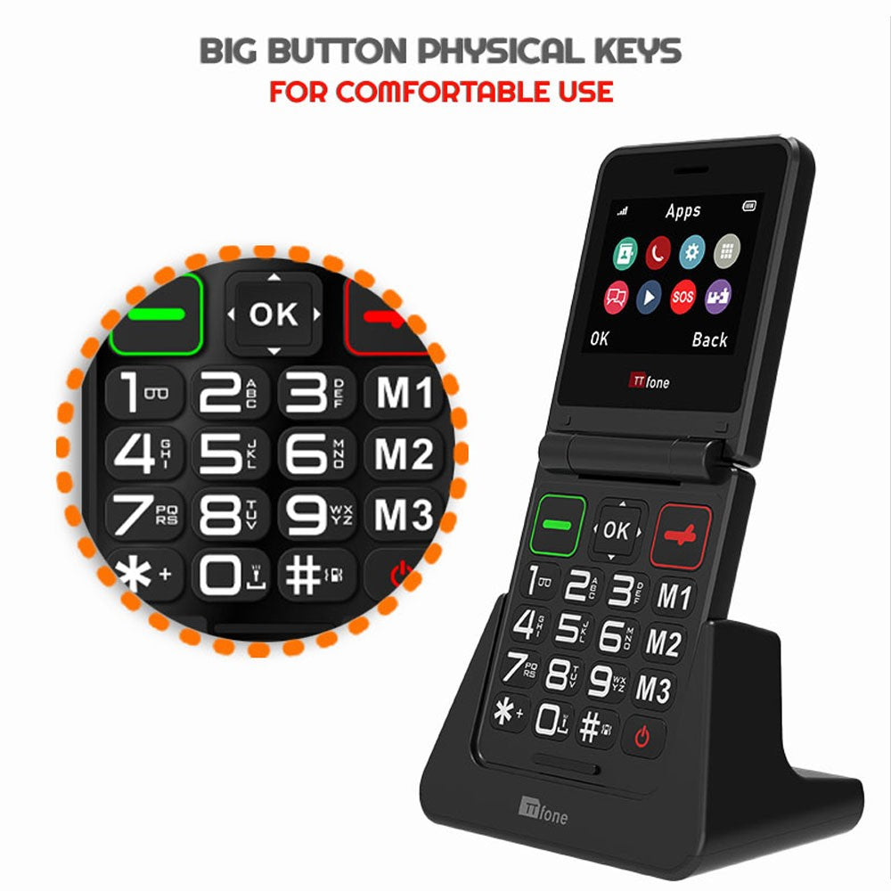 TTfone TT660 Flip Mobile Phone for Seniors - Folding Design, Big Buttons, Emergency Assistance, Long Battery Life with Mains Charger and Vodafone Sim Card