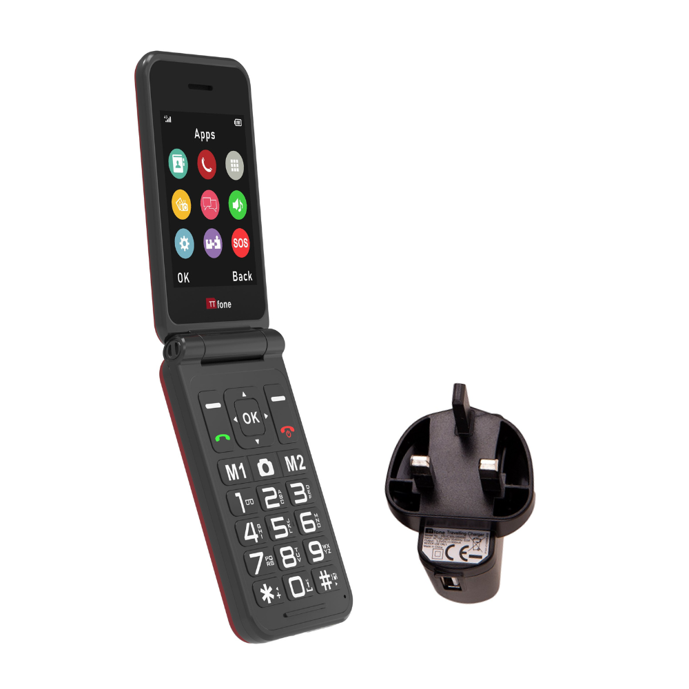 TTfone TT760 4G USB-C Mobile Phone for the Elderly, Simple and easy to use flip folding cell cheap and easy to use - Red with Mains Charger and GiffGaff Sim Card
