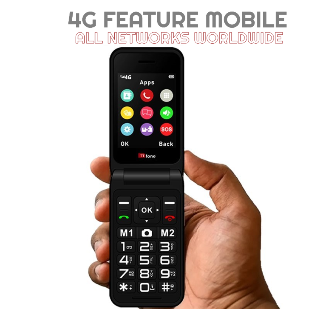 TTfone TT760 4G USB-C Mobile Phone for the Elderly, Simple and easy to use flip folding cell cheap and easy to use - Black with Mains Charger and EE Sim Card