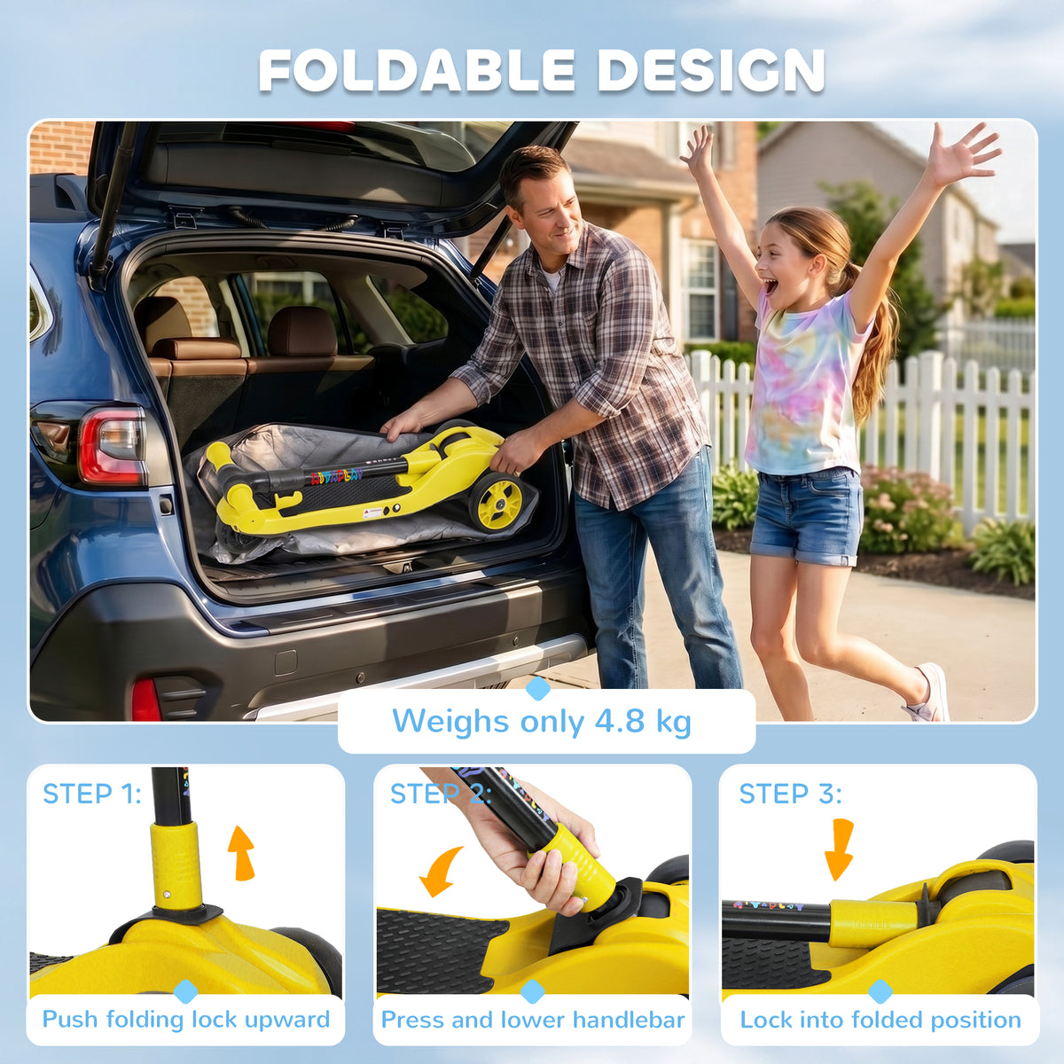 AIYAPLAY Three-Wheel Foldable Electric Scooter for Kids Aged 6-10 Years, Yellow