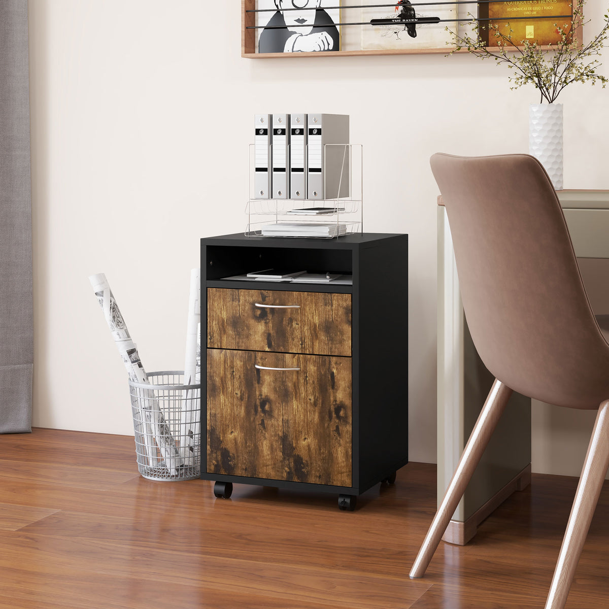 HOMCOM Filing Cabinet, Mobile File Cabinet with 2 Lockable Drawers, Office Home Organiser on Wheels for A4, Letter-Size File Folders, Mobile Printer with Open Shelf, Rustic Brown