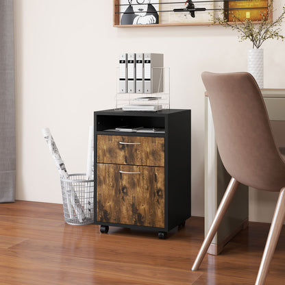 HOMCOM Filing Cabinet, Mobile File Cabinet with 2 Lockable Drawers, Office Home Organiser on Wheels for A4, Letter-Size File Folders, Mobile Printer with Open Shelf, Rustic Brown