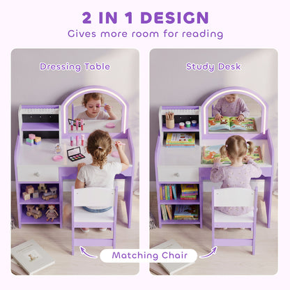 AIYAPLAY Kids Vanity Set, Kids Dressing Table with Stool, 2-Colour Lights Mirror, Pretend Dresser Gift for Ages 3-8, Purple