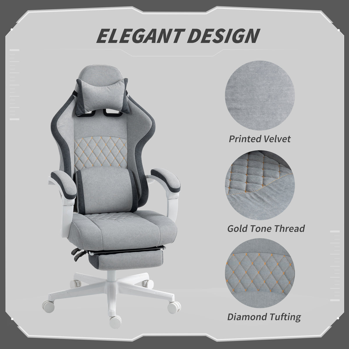 HOMCOM Gaming Chair, Gamer Computer Chair with Footrest, High Back, Lumbar Support, Adjustable Height, Swivel Wheels for Home Office, Grey