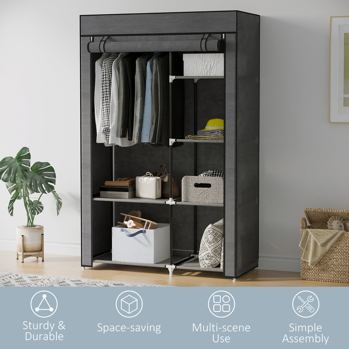 HOMCOM Fabric Wardrobe w/ Shelves Hanging Rail Foldable Wardrobe Dark Grey