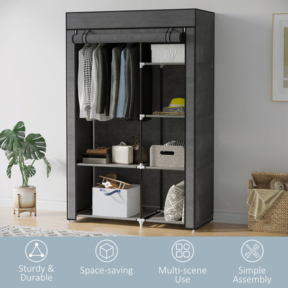HOMCOM Fabric Wardrobe w/ Shelves Hanging Rail Foldable Wardrobe Dark Grey