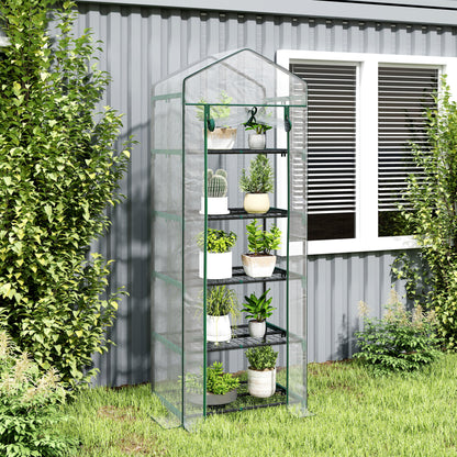 Outsunny 5 Tier Mini Greenhouse, Small Walk-in Greenhouse with Reinforced Plastic Cover, Garden Grow House with Roll Up Door and Shelves, 69 x 49 x 193cm, Green