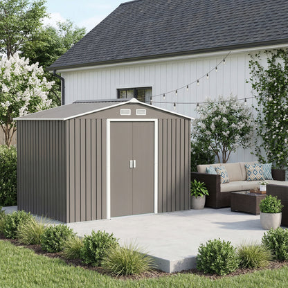 Outsunny 9 x 6FT Outdoor Garden Roofed Metal Storage Shed Tool Box with Foundation Ventilation & Doors Light, Grey