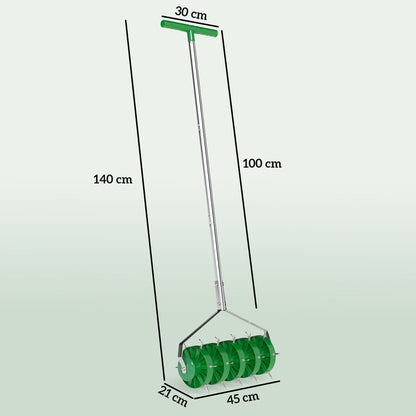 Outsunny Rolling Lawn Aerator, Manual Grass Spike Roller, Heavy Duty Garden Aerator with 3 Piece Detachable Handle and T-bar Grip, Outdoor Garden Lawn Tool, Dark Green