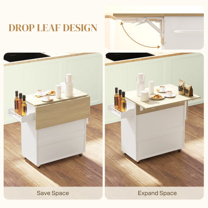 HOMCOM Kitchen Island with Drop Leaf, Rolling Kitchen Storage Trolley on Wheels with Drawer, Spice Rack and Towel Rack, White