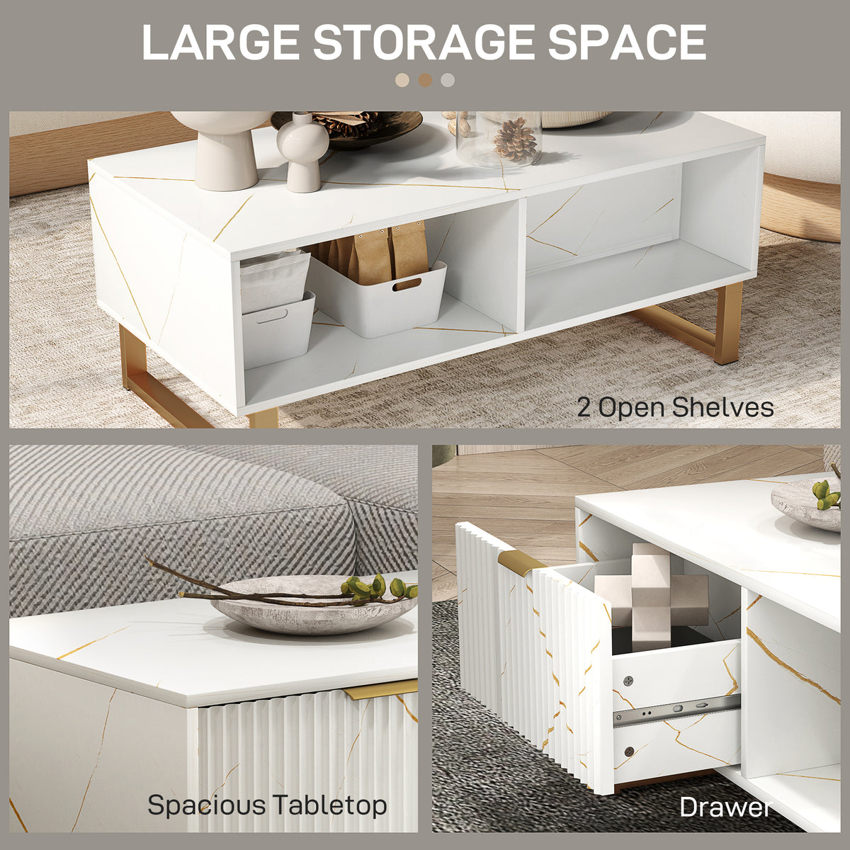 HOMCOM Elegant Marble Effect Storage Coffee Table - White