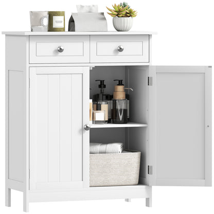 kleankin 75x60cm Freestanding Bathroom Storage Cabinet Unit w/ 2 Drawers Cupboard Adjustable Shelf Metal Handles Traditional Style White