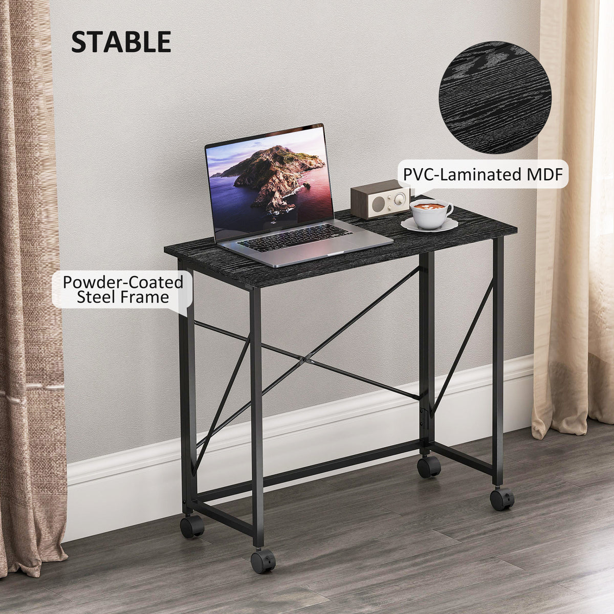 HOMCOM 80 cm Folding Desk on Wheels - Black