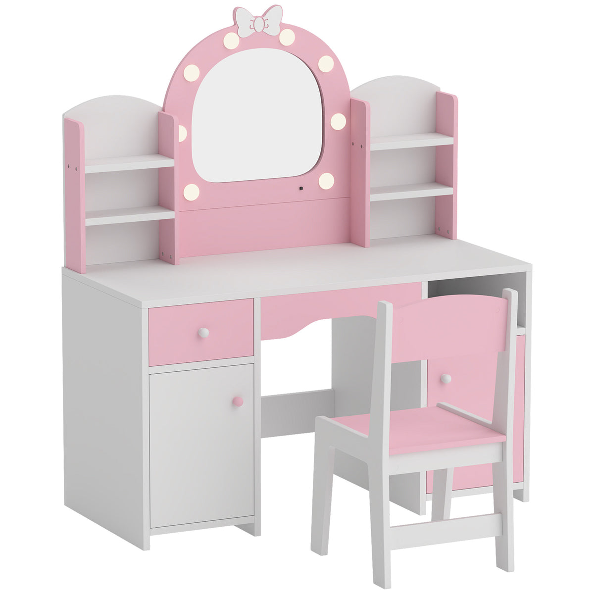 AIYAPLAY Kids Vanity Set, Kids Dressing Table with Stool, 2-Colour Lights Mirror, Cabinet, Drawer and Shelves, Pink