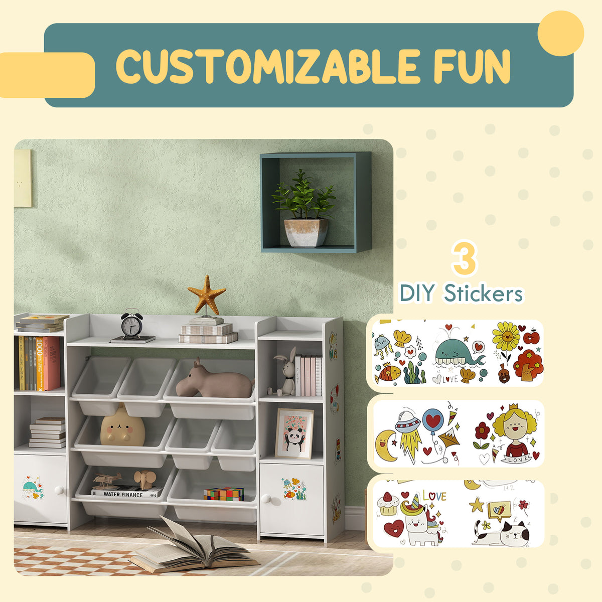 AIYAPLAY Kids Toy Organizers and Storage with 8 Removable Storage Bins and Bookshelf, White