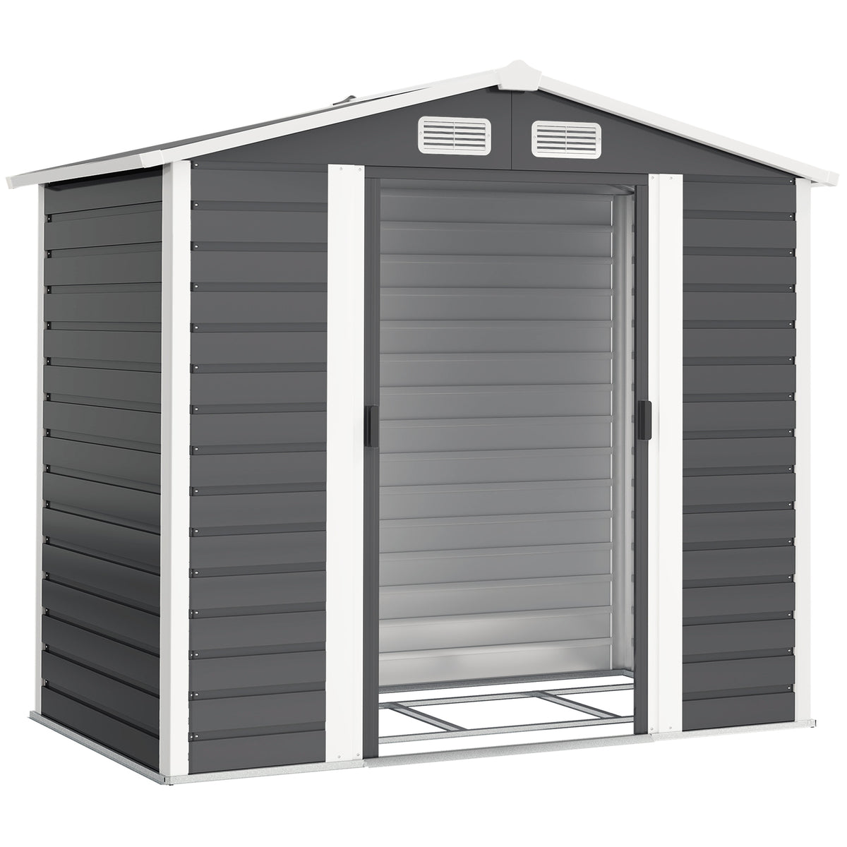 Outsunny 7 x 4ft Garden Shed, Easy to Assemble, Upgraded Galvanised Steel Frame with Foundation Kit, Double Doors with Lock, Outdoor Metal Shed with Vents and Gloves, Garden Storage Shed, Dark Grey