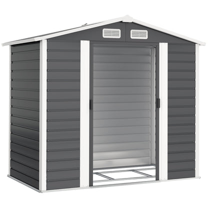 Outsunny 7 x 4ft Garden Shed, Easy to Assemble, Upgraded Galvanised Steel Frame with Foundation Kit, Double Doors with Lock, Outdoor Metal Shed with Vents and Gloves, Garden Storage Shed, Dark Grey
