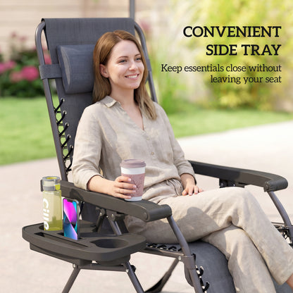Outsunny Zero Gravity Chairs Set of 2, Folding Sunloungers Reclining Garden Chairs with Cup Holder, Headrest, Dark Grey