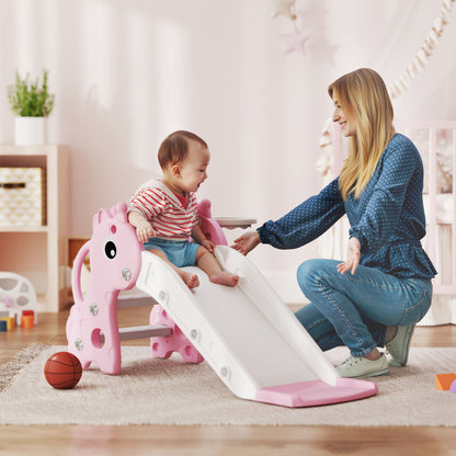 AIYAPLAY 3 in 1 Kids Slide with Climber, Basketball Hoop and Ball, Giraffe Shape Climber Slide for Indoor Kids Age 1-3, Pink