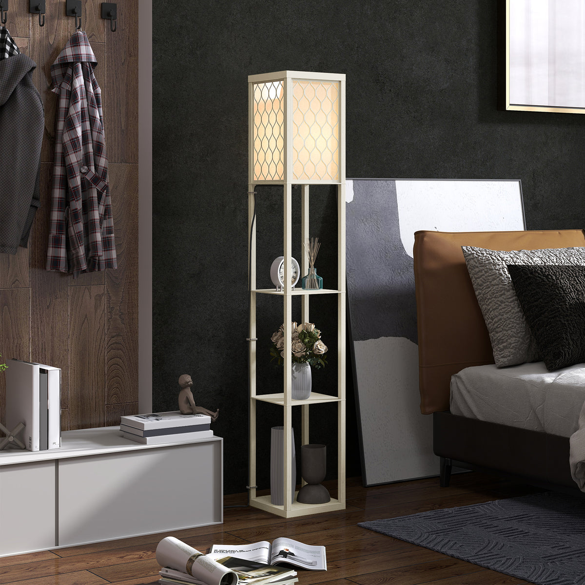 HOMCOM Three-Shelf Standing Lamp - Oak/White