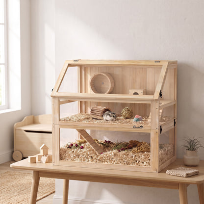 PawHut Wooden Hamster Cage with Detachable 31cm Deep Bottom, Hut, Seesaw, Exercise Wheel, Ramp, 80 x 50 x 76cm, Natural
