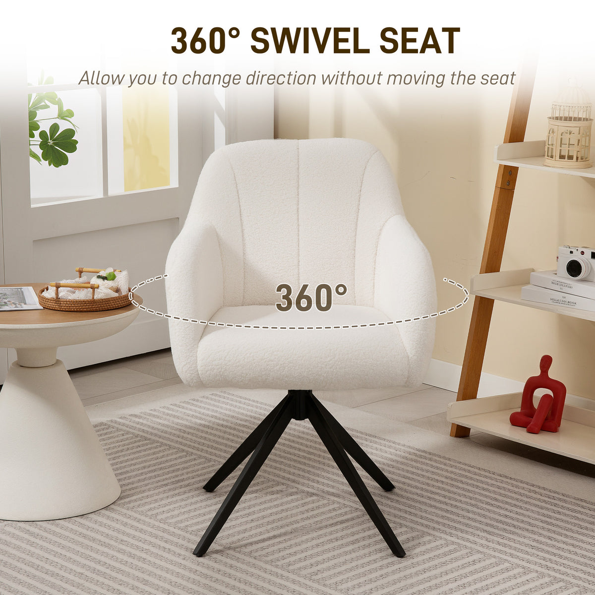 HOMCOM 360 Degree Swivel Accent Chair, Teddy Fleece Fabric Armchair, White