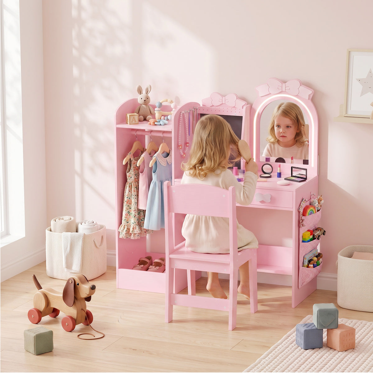 AIYAPLAY Kids Dressing Table, 3-in-1 Kids Vanity Set with Stool, 2-Colour Lights Mirror, Clothes Rack for Ages 3-8, Pink