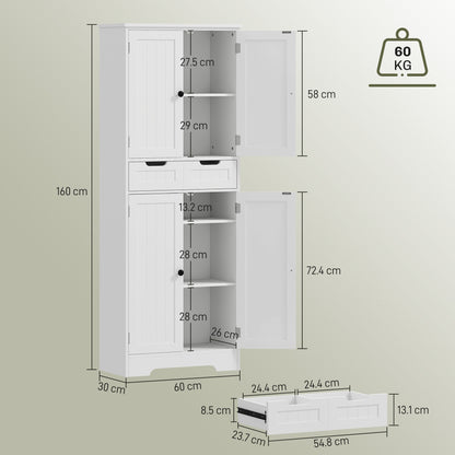 HOMCOM Tall Bathroom Cabinet, Freestanding Bathroom Storage Cabinet with Drawer, Shelves and Doors, 60 x 30 x 160 cm, White