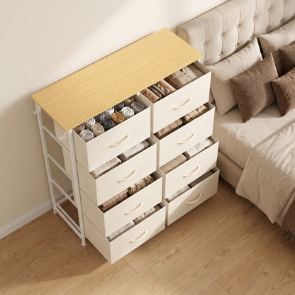 HOMCOM Chest of Drawers, Dresser with 8 Fabric Drawers, Tall Storage Unit with 4 Pockets and 2 Hooks Steel Frame, Beige