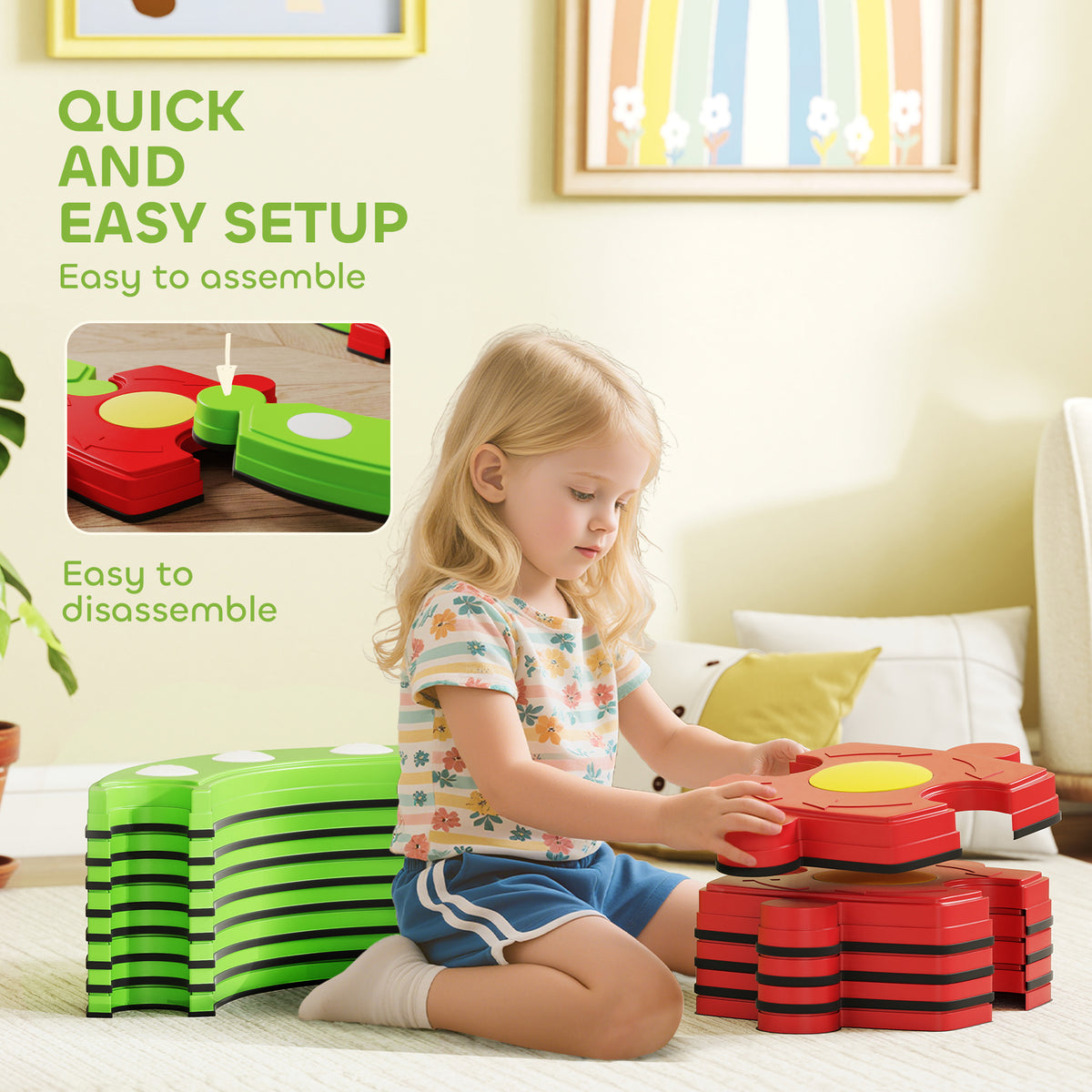 AIYAPLAY 13 PCS Kids Balance Beam Stepping Stones Set with Non-slip Textured Surface, Outdoor Indoor for Toddlers, Green