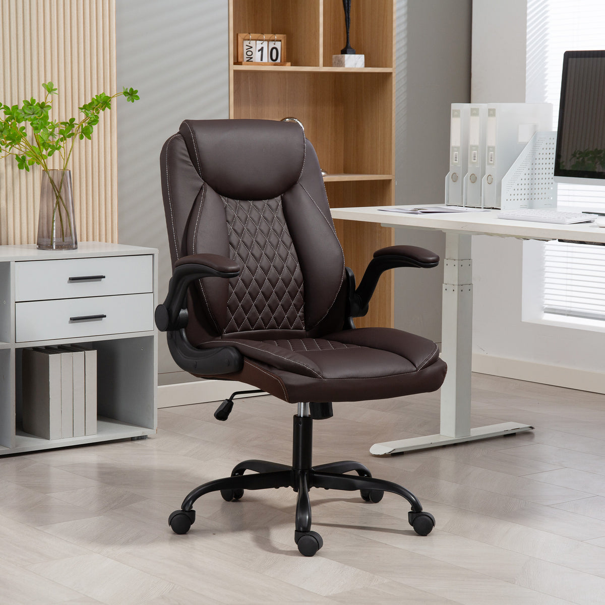 HOMCOM Faux Leather Office Chair. with Flip-Up Armrests - Brown
