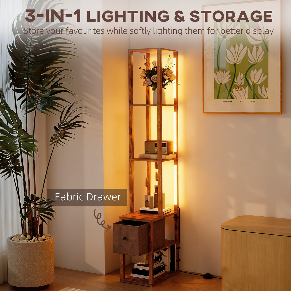 HOMCOM Floor Lamp with Shelves, LED Column Modern Standing Lamp with Fabric Drawer, Adjustable Brightness, Foot Switch for Living Room, Bedroom, Office, Rustic Brown