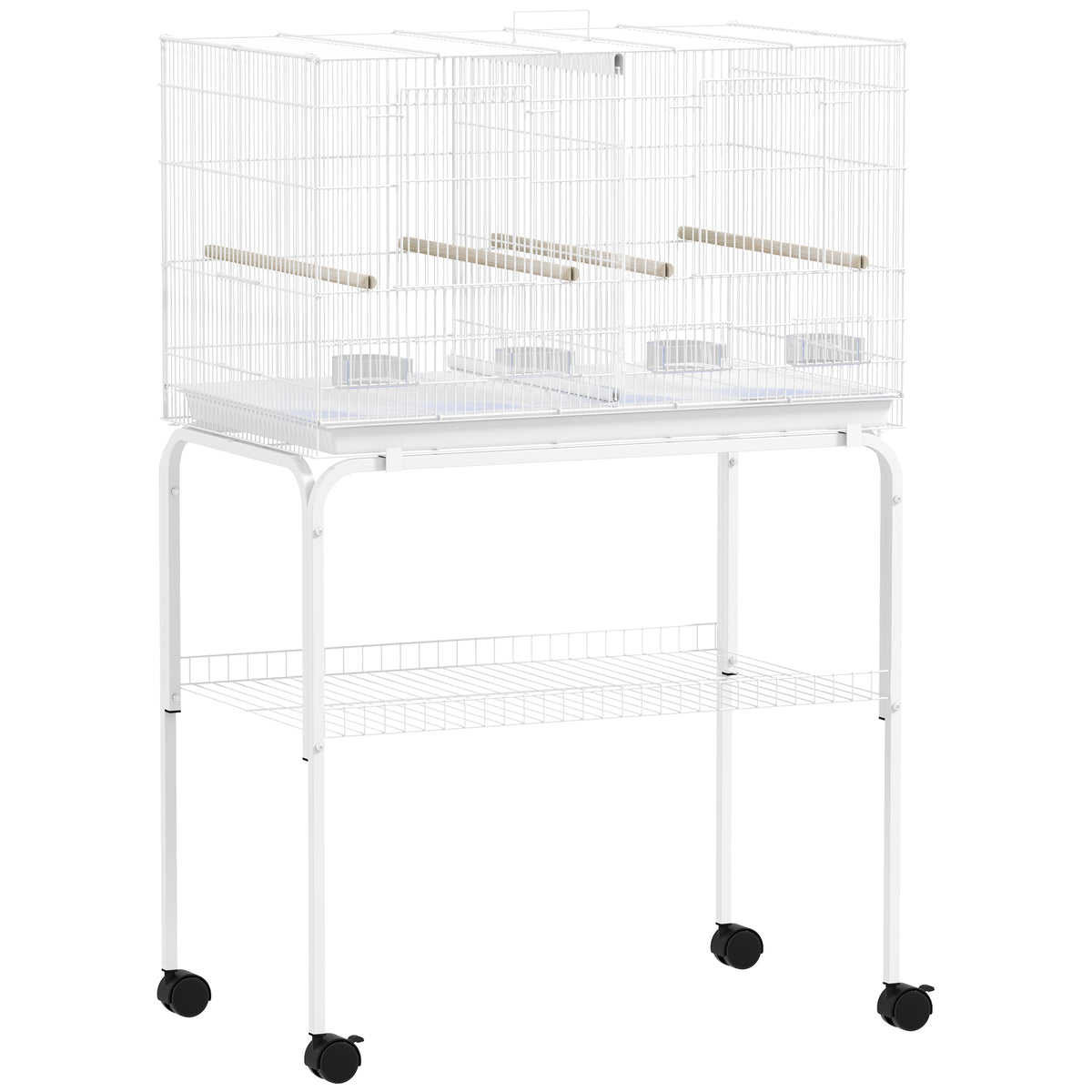 PawHut Bird Cage with Divider, 4 Wooden Perches, Slide Out Tray, 4 Feeders, for Budgie, Lovebird, Canary, 76 x 46 x 116cm White