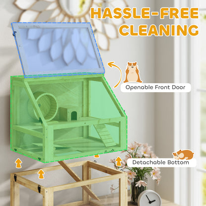 PawHut Wooden Hamster Cage with Detachable 32cm Deep Bottom, Hut, Seesaw, Exercise Wheel, Ramp, 60 x 40 x 75cm, Natural
