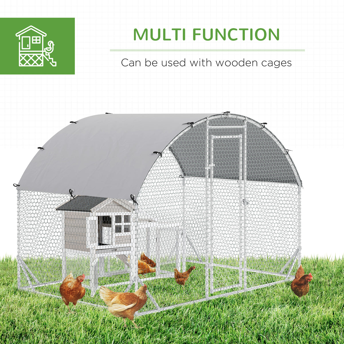 PawHut Walk In Chicken Run Galvanised Chicken Coop Hen Poultry House Cage Water-Resist Cover, Silver